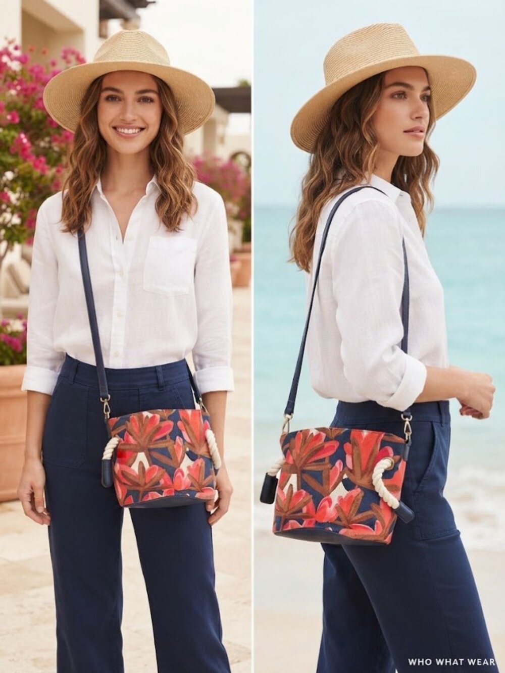 Who What Wear Crossbody Bag Nautical Orange Blue White Floral Canvas Rope Accent